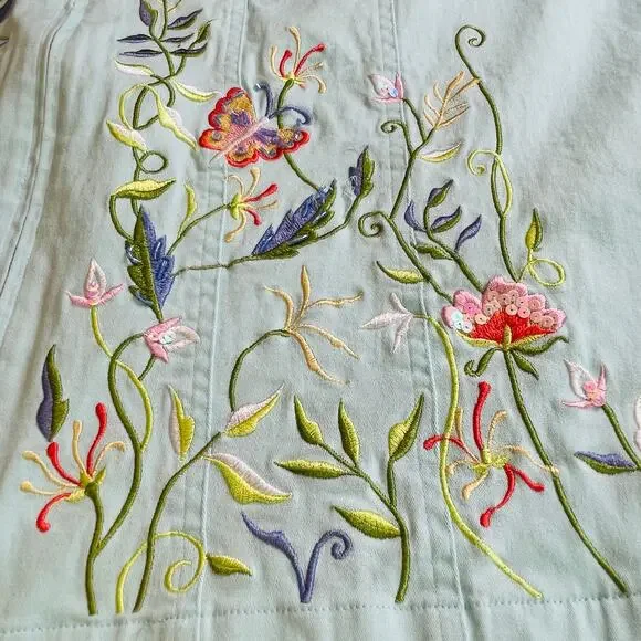 Quacker Factory Aqua Blue Floral Multicolor Embroidery Mock Neck Jacket Women 1X - Picture 8 of 14